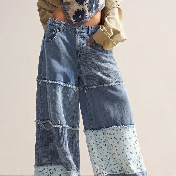 Blue Boho Casual Women's Loose Patchwork Wide Leg Jeans - Picture 4 of 7